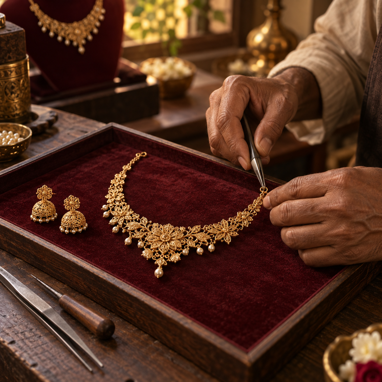 An artisan carefully finishing a floral gold necklace on a maroon velvet tray beside matching earrings